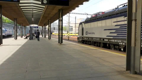 Modern Electric Train At Prague Main Railway Station Platform Stock Footage 345979286