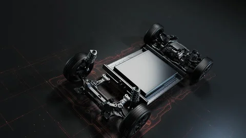 Modern electric vehicle chassis with silver battery. Stock Footage 329289835