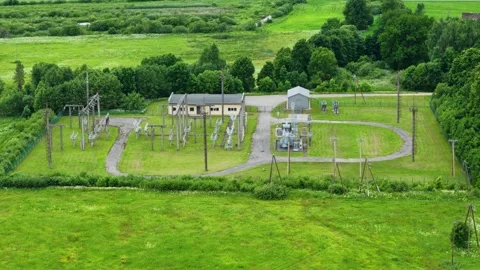 Modern electrical substation strengthening grid reliability in rural Latvia Stock Footage 340597050
