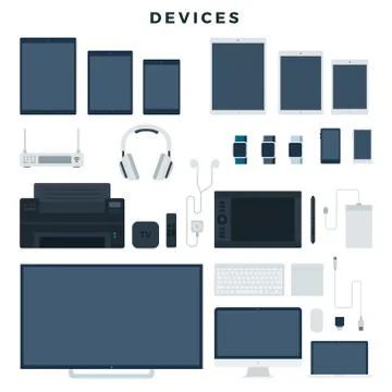 Modern electronic devices, set. Popular gadgets for office and home use. Vector Illustrazione stock