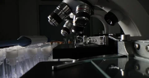 Modern electronic microscopes standing in long row Stock Footage 275585021