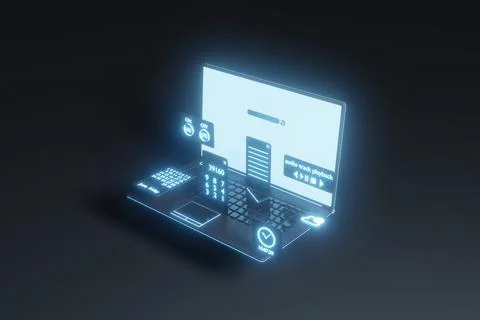 Modern electronic technologies. A laptop with UI program widgets. Stock Illustration
