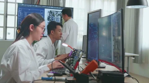 Modern Electronics Development Facility: Asian Female Engineer Works On Computer Stock Footage 160565136