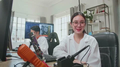 Modern Electronics Development Facility:  Asian Woman Smiling Charmingly Looking 스톡 동영상 160567326