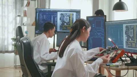 Modern Electronics Development Facility: Asian Engineer And Team Of Multi Stock Footage 160567891