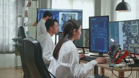 Modern Electronics Development Facility: Asian Engineer And Team Of Multi Stock Footage 160567954