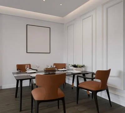 Modern, elegant dining room featuring a sleek black table set for four Illustration