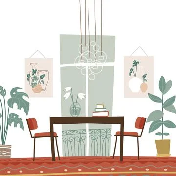 Modern elegant dining room interior with table and chairs, paintings, french Stock Illustration
