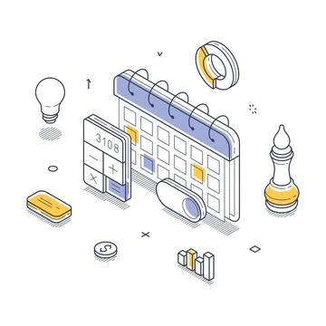Modern elements like a calendar, calculator, light bulb, and graphs, illustra Stock Illustration