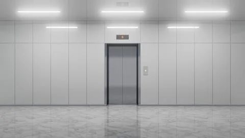 Modern elevator with closed doors in empty lobby reflecting on marble floor Stock Illustration