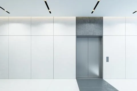 Modern elevator with closed doors in office lobby, 3d rendering Illustrazione stock