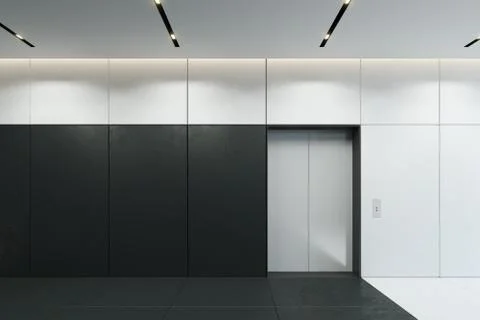 Modern elevator with closed doors in office lobby, 3d rendering Illustrazione stock