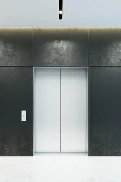 Modern elevator with closed doors in office lobby, 3d rendering Illustrazione stock