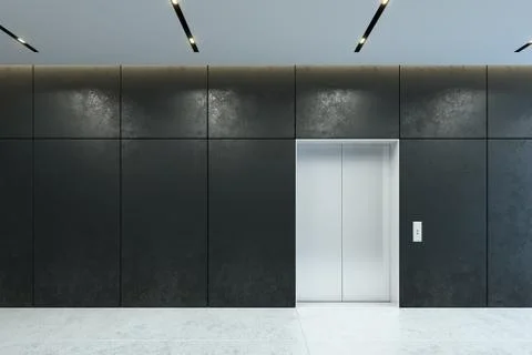 Modern elevator with closed doors in office lobby, 3d rendering Illustrazione stock