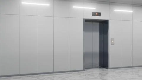Modern elevator doors opening on fifth floor in office building Ilustración de archivo