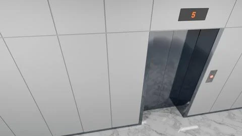 Modern elevator doors opening on fifth floor in office building Ilustración de archivo