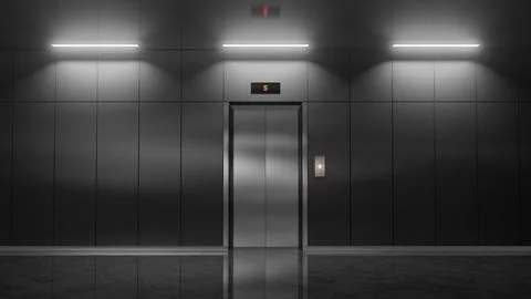 Modern elevator doors opening on fifth floor in office building at night Ilustración de archivo