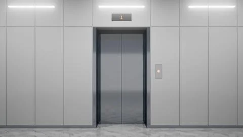 Modern elevator doors opening on first floor in office building Ilustración de archivo