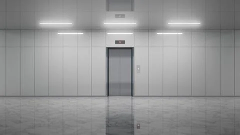Modern elevator in empty hallway reflecting on marble floor Stock Illustration