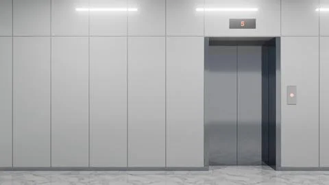 Modern elevator with open doors on fifth floor in office building Ilustración de archivo