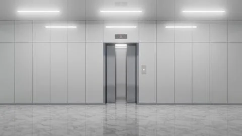 Modern elevator with open doors in office building lobby Ilustración de archivo