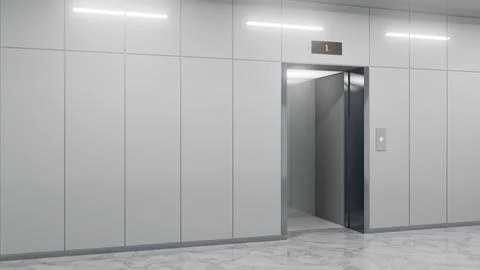 Modern elevator with open doors in office building lobby Ilustración de archivo