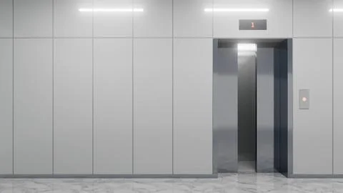 Modern elevator with open doors in office building lobby Ilustración de archivo