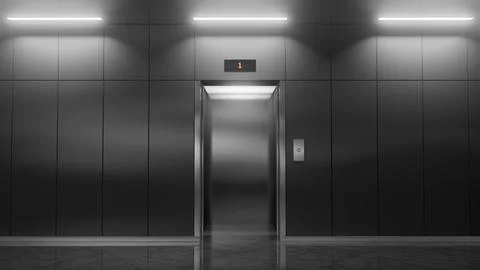 Modern elevator with open doors in office building lobby Ilustración de archivo