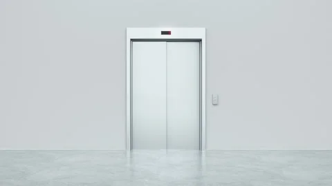 Modern elevator with open metal doors. The doors close and the lift goes up.  Stock Footage 149183048