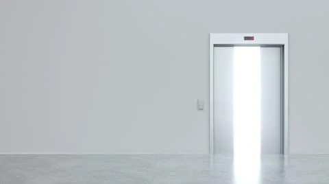 Modern elevator with semi-open metal doors. Light shines from door opening. D Ilustración de archivo