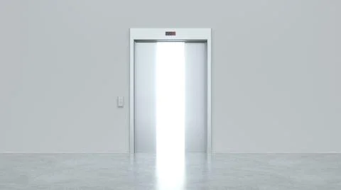 Modern elevator with semi-open metal doors. Light shines from door opening. D Illustrazione stock