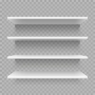 Modern empty 3d bookshelf. Retail shop shelf on wall. White shelves with sh.. Stock-Illustration