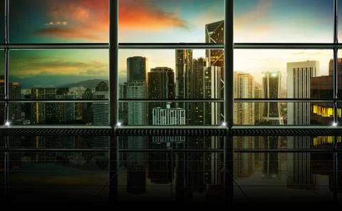 Modern empty and clean office interior with glass windows , Modern city skyli Stock Photos