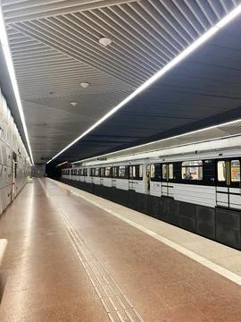 Modern, empty Budapest Metro Station August 2023. Minimalist design, lighting Stock Photos