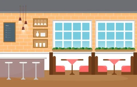 Modern Empty Cafe Restaurant Interior Furniture Flat Vector Illustration Stock Illustration
