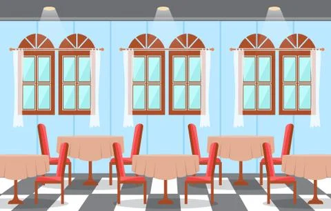 Modern Empty Cafe Restaurant Interior Furniture Flat Vector Illustration Ilustração Stock
