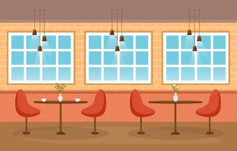 Modern Empty Cafe Restaurant Interior Furniture Flat Vector Illustration 스톡 일러스트