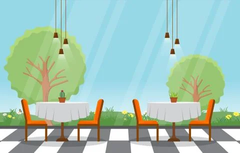 Modern Empty Cafe Restaurant Interior Furniture Flat Vector Illustration Ilustração Stock