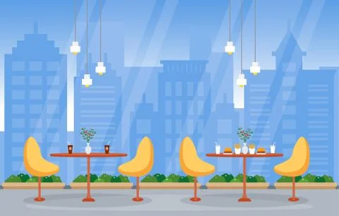 Modern Empty Cafe Restaurant Interior Furniture Flat Vector Illustration Stock Illustration