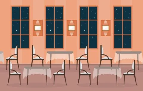 Modern Empty Cafe Restaurant Interior Furniture Flat Vector Illustration 스톡 일러스트