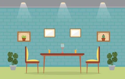 Modern Empty Cafe Restaurant Interior Furniture Flat Vector Illustration Ilustração Stock