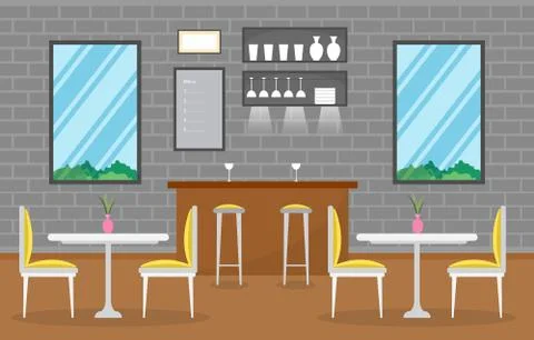 Modern Empty Cafe Restaurant Interior Furniture Flat Vector Illustration Ilustração Stock
