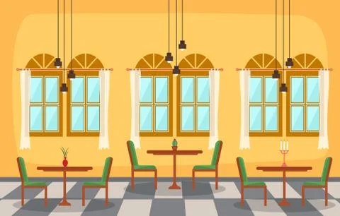 Modern Empty Cafe Restaurant Interior Furniture Flat Vector Illustration Ilustração Stock