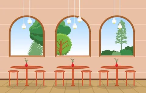 Modern Empty Cafe Restaurant Interior Furniture Flat Vector Illustration Ilustração Stock