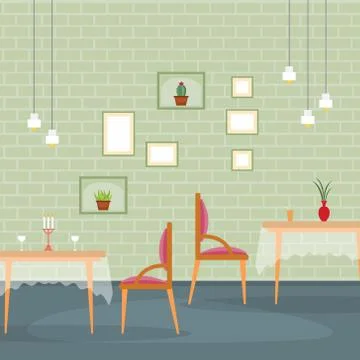 Modern Empty Cafe Restaurant Interior Furniture Flat Vector Illustration Stock Illustration