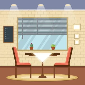 Modern Empty Cafe Restaurant Interior Furniture Flat Vector Illustration 스톡 일러스트