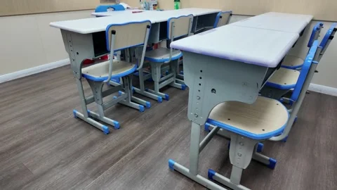 Modern Empty Classroom with Height-Adjustable Desks and Chairs Stock Footage 339326907