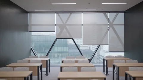 Modern empty classroom, lecture room, with panoramic windows Stock Footage 302473554