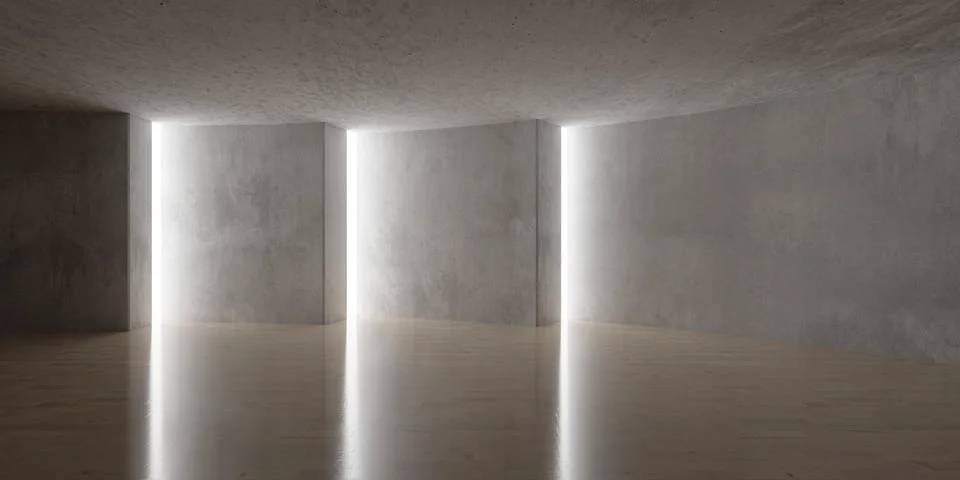Modern empty concrete room interior with offset round walls with inset ligh.. Stock Illustration
