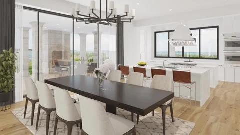 Modern Empty Dining Room and Kitchen Interior with Natural Light Video Stock Footage 334275069